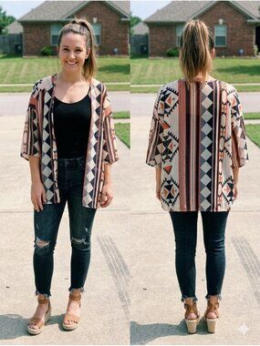 YETTS Los Angeles Aztec Kimono Cardigan Top Women's Sheer Geometric L Coverup